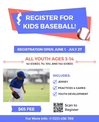 Youth Baseball Registration Fun and Active Poster Template