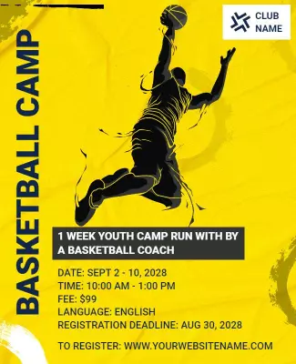 Dynamic Yellow Youth Basketball Camp Flyer Template
