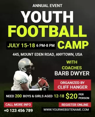 Dynamic Green Youth Football Camp Registration Flyer Template