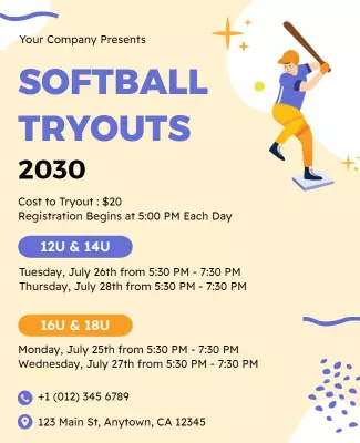Playful Yellow and Blue Softball Tryouts Event Flyer Template