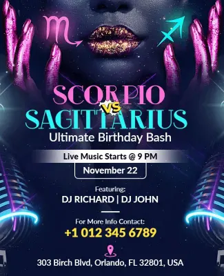 Zodiac Themed Scorpio Vs Sagittarius Birthday Bash Flyer Template