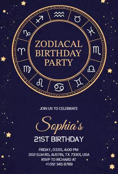 Zodiacal Starry Night 21st Birthday Celebration Invitation Template