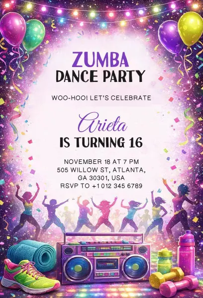 Zumba Dance Party Fun Sweet 16 Birthday Invitation Template